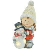 Wichtel mit Schneemann, Gartenzwerg, mit LEDs, batteriebetrieben, 25 x 18 x 45,5 cm