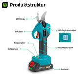 Automatische Akku Gartenschere Astschneider Rebschere Astschere Strauchschere. Inkl. 2 x Li-Ionen-Akku und Ladegerät.