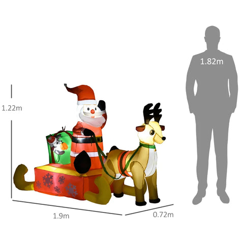 Aufblasbare Weihnachtsdeko, Weihnachtsmann mit Schlitten und Rentier, mit LED-Lichtern, 112 cm hoch, 190 cm lang