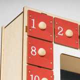 Adventskalender mit Dorfszene, 24 große Schubladen, 34 x 7 x 34 cm, Rot