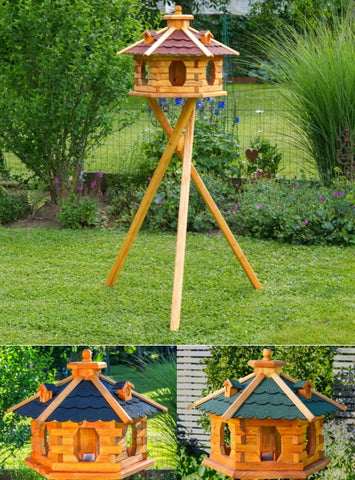 Vogelhaus 36 cm x 57 cm. Höhe: 1,42 Meter. Sechseckig aus Holz mit 3 Gauben. Bitumen-Dach. Wetterfest.